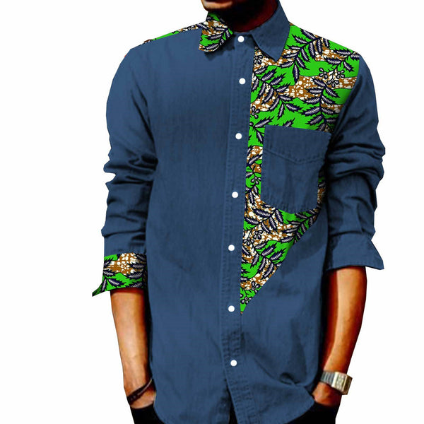 Camiseta Denim de Manga Larga con Estampado Africano Batik para Hombre