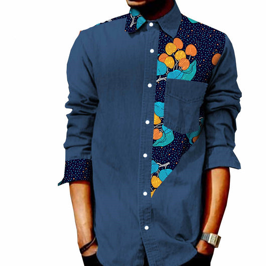 Camiseta Denim de Manga Larga con Estampado Africano Batik para Hombre - Image 7