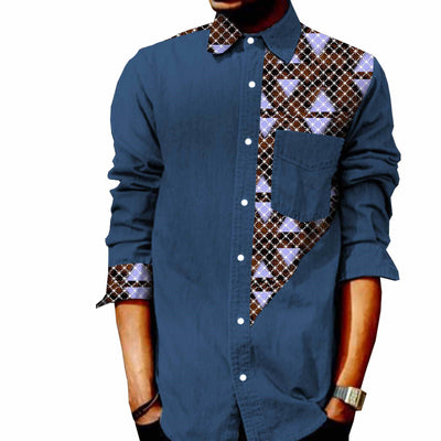 Camiseta Denim de Manga Larga con Estampado Africano Batik para Hombre - Image 4