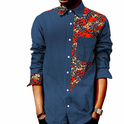 Camiseta Denim de Manga Larga con Estampado Africano Batik para Hombre - Image 5