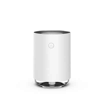 White cylindrical USB humidifier with a power button and a clear base, suitable for car or desktop use. - Image 3