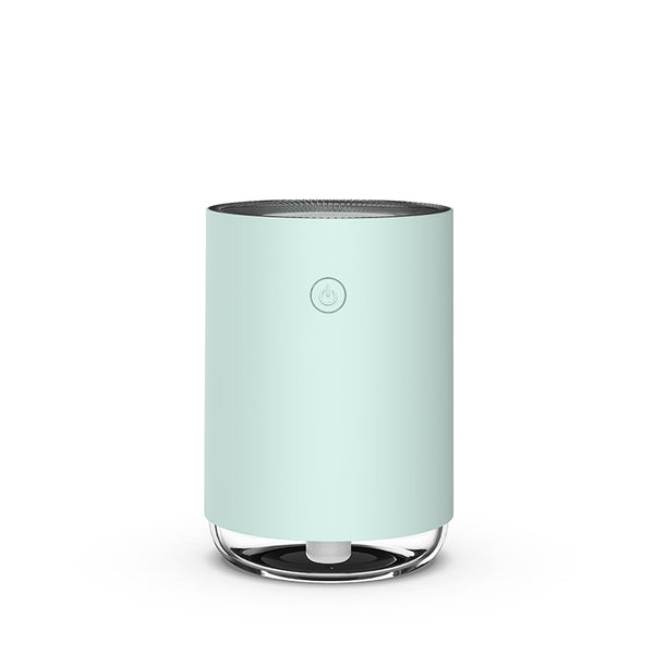 White cylindrical USB humidifier with a power button and a clear base, suitable for car or desktop use.