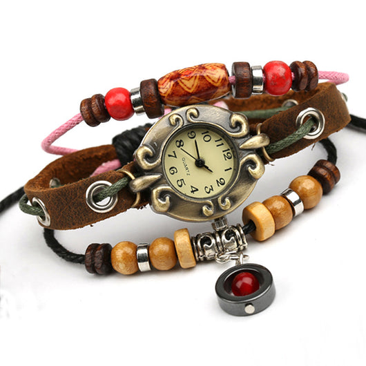 Reloj Pulsera de Cuero con Cuentas y Colgante de Aleación - Image 3