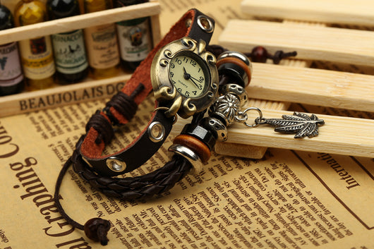 Reloj Pulsera de Cuero Genuino Retro con Detalles de Cuentas - Image 3
