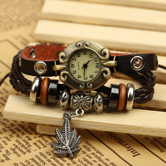 Reloj Pulsera de Cuero Genuino Retro con Detalles de Cuentas - Image 4