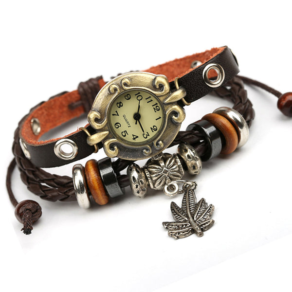 Reloj Pulsera de Cuero Genuino Retro con Detalles de Cuentas