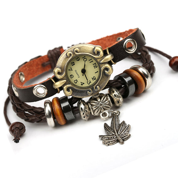 Reloj Pulsera de Cuero Genuino Retro con Detalles de Cuentas