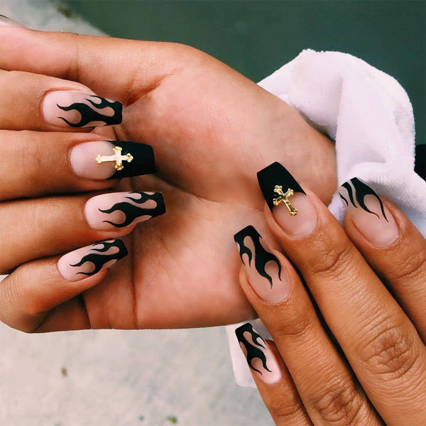 Uñas Postizas Ballet Negro Flame - Removibles e Impermeables