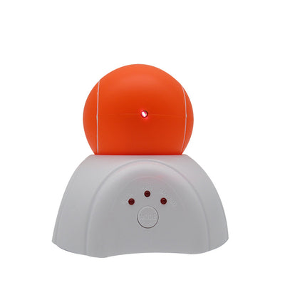 Green and white auto-rotating laser cat toy with a tennis ball design, featuring slow, fast, and random modes.