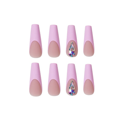 Uñas Postizas Ballet Floral Durazno Rosa - Diseño Flores de Cerezo con Diamantes - Image 11