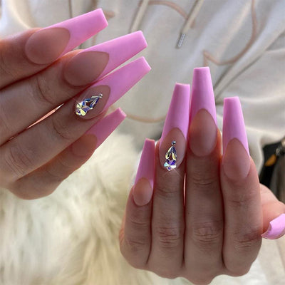 Uñas Postizas Ballet Floral Durazno Rosa - Diseño Flores de Cerezo con Diamantes - Image 3
