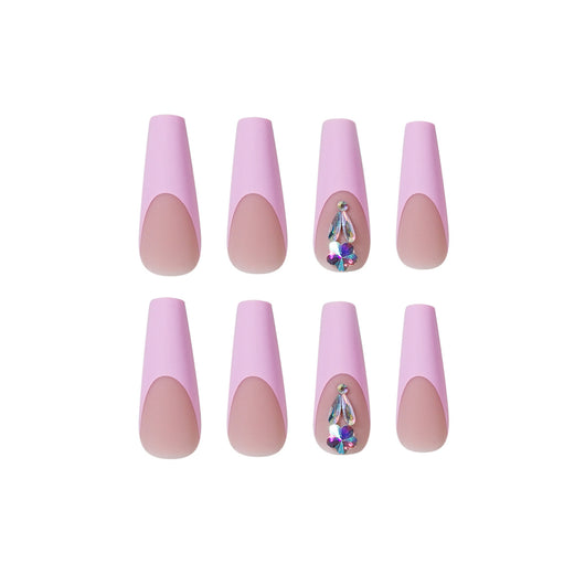 Uñas Postizas Ballet Floral Durazno Rosa - Diseño Flores de Cerezo con Diamantes - Image 5