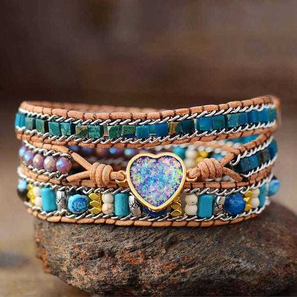 Pulsera de Cuero Trenzado Ópalo Azul