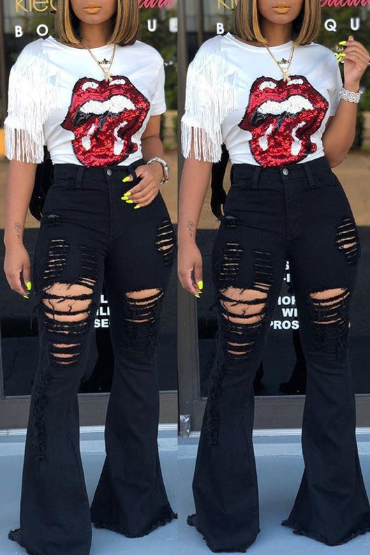 Jeans Acampanados Retro Talle Alto Efecto Rotos con Levantadera - Image 12