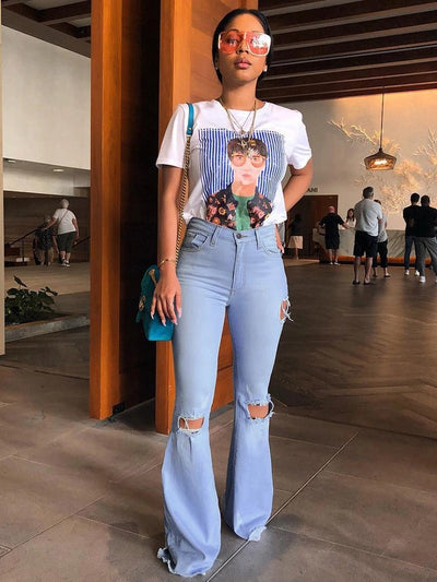 Jeans Acampanados Retro Talle Alto Efecto Rotos con Levantadera - Image 10