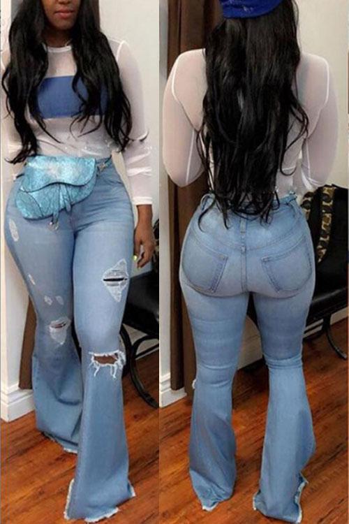 Jeans Acampanados Retro Talle Alto Efecto Rotos con Levantadera - Image 3