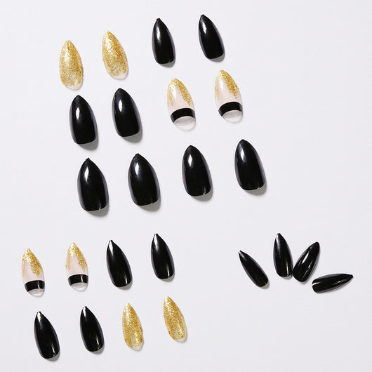 Uñas Postizas Puntiagudas Black Gold Glitter - Acabado Profesional - Image 3