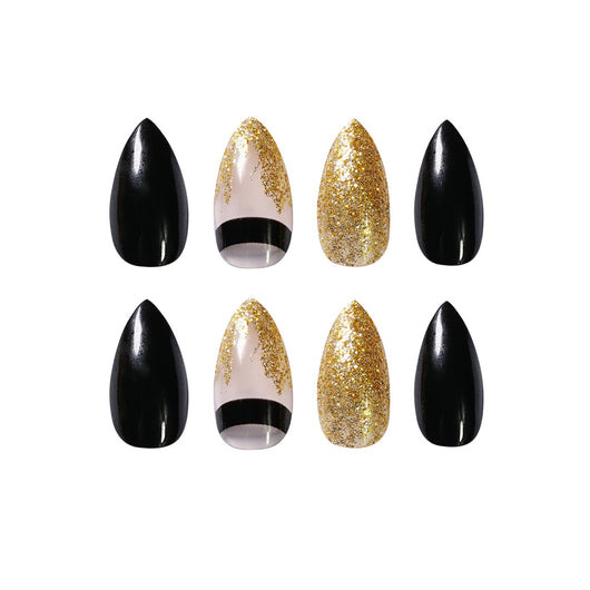 Uñas Postizas Puntiagudas Black Gold Glitter - Acabado Profesional - Image 2