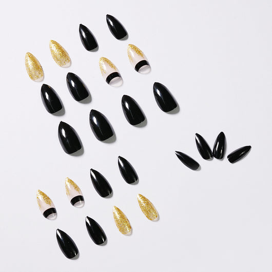 Uñas Postizas Puntiagudas Black Gold Glitter - Acabado Profesional - Image 4