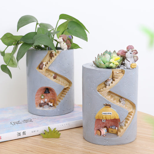Maceta Decorativa de Resina con Casa de Erizo - Paisaje Miniatura para Suculentas