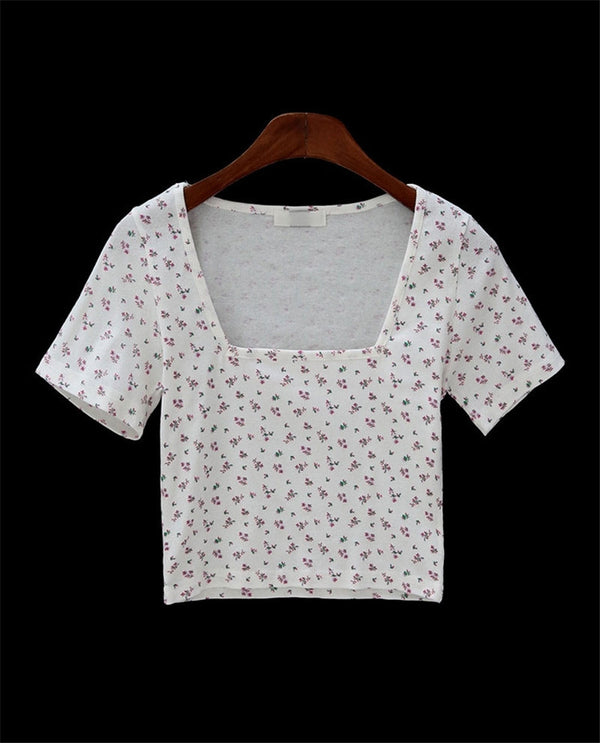 Blusa Floral Cuello Cuadrado Manga Corta para Mujer