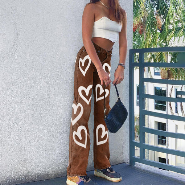 Pantalones Vaqueros Rectos Oversized con Estampado Graffiti - Cintura Alta Mujer