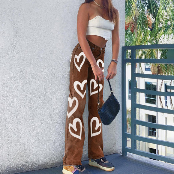 Pantalones Vaqueros Rectos Oversized con Estampado Graffiti - Cintura Alta Mujer