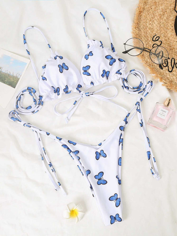 Bikini con Estampado de Mariposas y Tanga de Encaje para Mujer