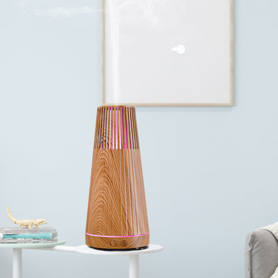 Dark wood grain electric essential oil aroma diffuser with a ribbed conical shape and LED light ring. - Image 10