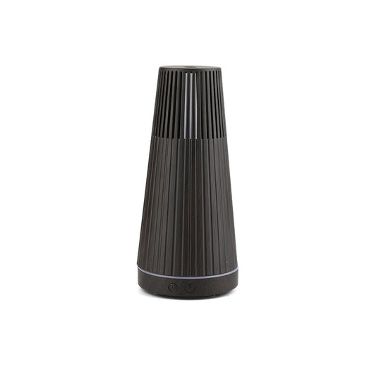 Dark wood grain electric essential oil aroma diffuser with a ribbed conical shape and LED light ring. - Image 3