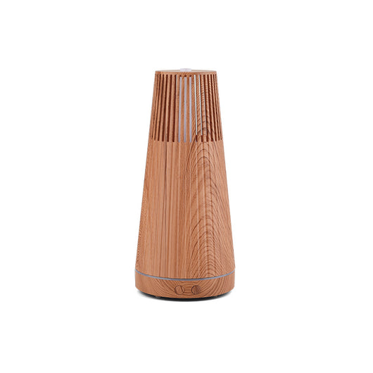 Dark wood grain electric essential oil aroma diffuser with a ribbed conical shape and LED light ring. - Image 4