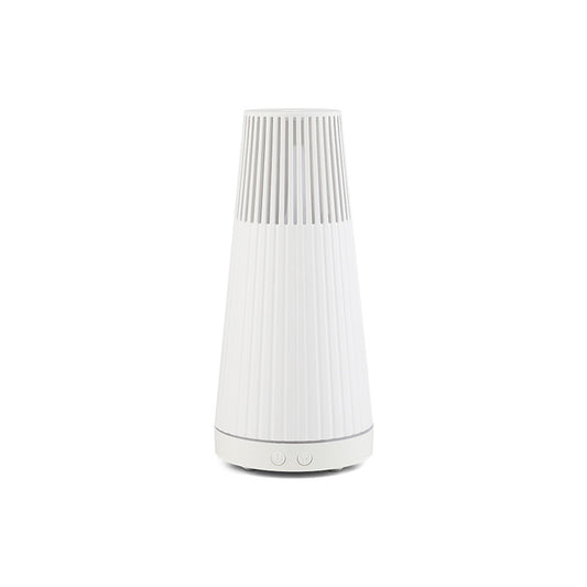 Dark wood grain electric essential oil aroma diffuser with a ribbed conical shape and LED light ring.