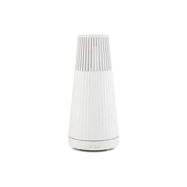 Dark wood grain electric essential oil aroma diffuser with a ribbed conical shape and LED light ring.