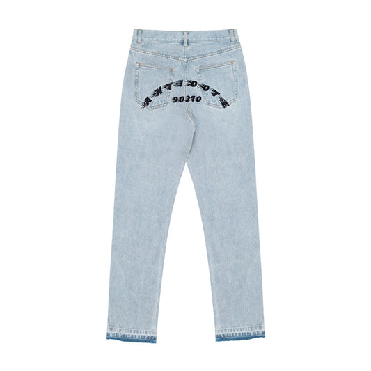 Jeans Rectos Azul Lavado con Bordes Deshilachados y Detalles Bordados - Image 2