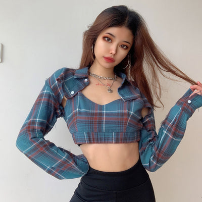 Blusa Crop Top Cuadrille Manga Larga Patchwork Harajuku Dos Piezas - Image 8