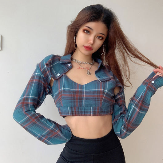 Blusa Crop Top Cuadrille Manga Larga Patchwork Harajuku Dos Piezas - Image 8