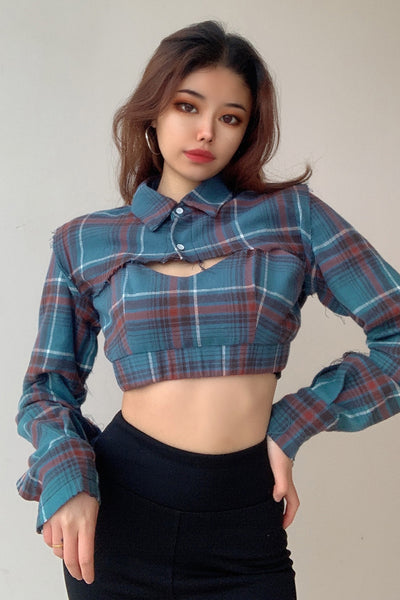 Blusa Crop Top Cuadrille Manga Larga Patchwork Harajuku Dos Piezas - Image 10