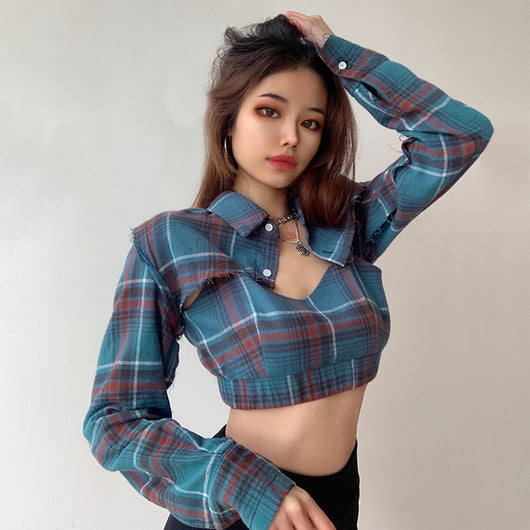 Blusa Crop Top Cuadrille Manga Larga Patchwork Harajuku Dos Piezas - Image 9