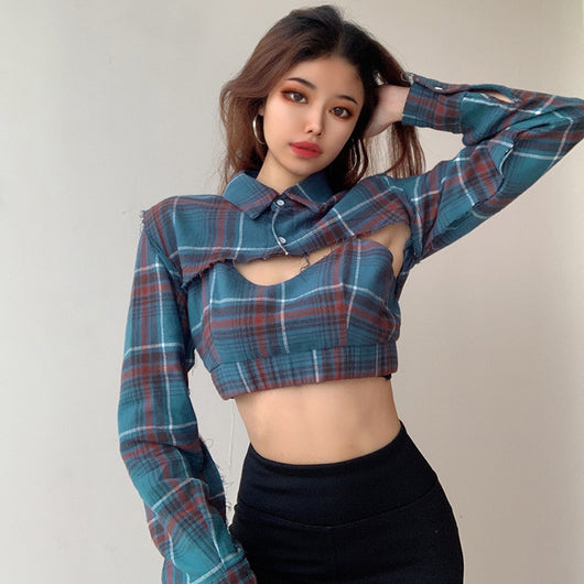 Blusa Crop Top Cuadrille Manga Larga Patchwork Harajuku Dos Piezas - Image 5