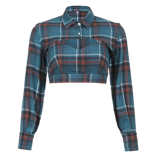 Blusa Crop Top Cuadrille Manga Larga Patchwork Harajuku Dos Piezas