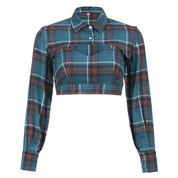 Blusa Crop Top Cuadrille Manga Larga Patchwork Harajuku Dos Piezas