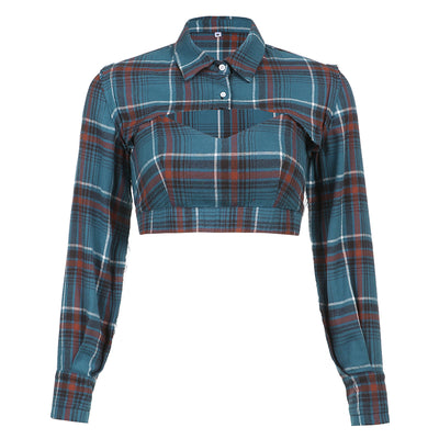 Blusa Crop Top Cuadrille Manga Larga Patchwork Harajuku Dos Piezas