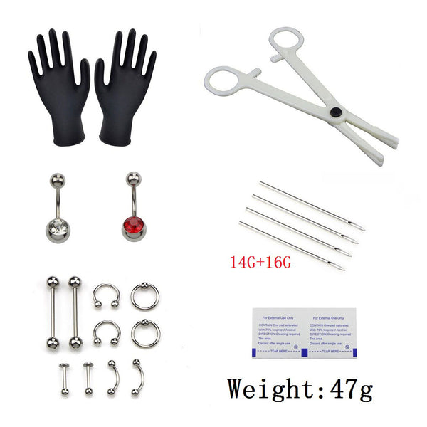 Kit Completo de Perforación Corporal 21 Piezas - Joyas Profesionales y Herramientas Desechables