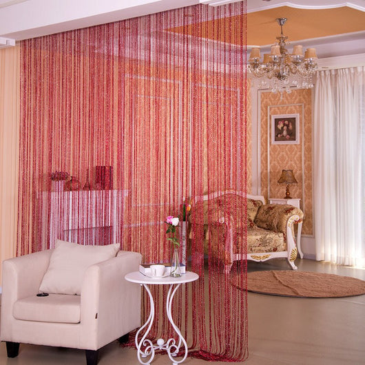 Red string door curtain with a subtle shimmer, used as a room partition in a modern living room. - Image 14