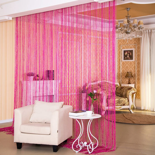 Red string door curtain with a subtle shimmer, used as a room partition in a modern living room. - Image 15