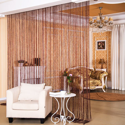 Red string door curtain with a subtle shimmer, used as a room partition in a modern living room. - Image 3