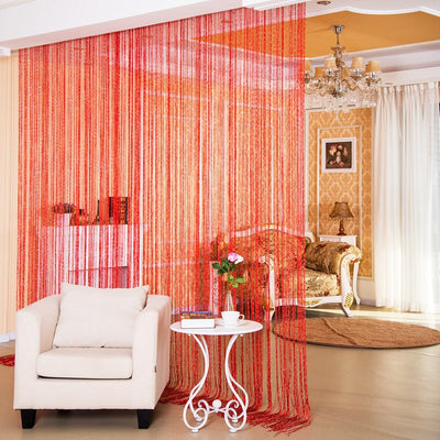 Red string door curtain with a subtle shimmer, used as a room partition in a modern living room. - Image 10