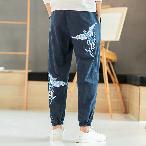 Pantalones de Chándal Hombre Estilo Étnico Bordado Ajuste Tobillo Nueve Puntos