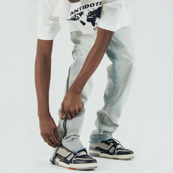 Jeans Rectos Azul Desgastado con Cierre Lateral - Estilo Urbano Tendencia