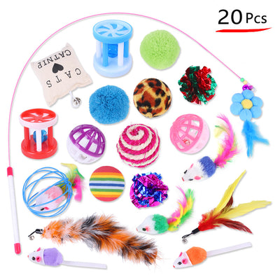 20-piece cat toy assortment with various colorful balls, feather wands, plush mice, and catnip pillow, shown with a playful tabby cat. - Image 10